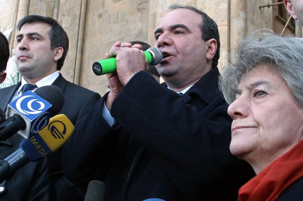 The oppositional leaders Mikhail Saakashvili (L), Zurab Zhvania (C) and Elene Tevdoradze (R) address to people during the oppositional demonstration in the center of Georgian capital Tbilisi, Friday 14 November 2003. Georgian President Eduard Shevardnadze has warned against a civil confrontation in the country, which 'could grow into civil war'.  EPA/EYE OF GEORGIA